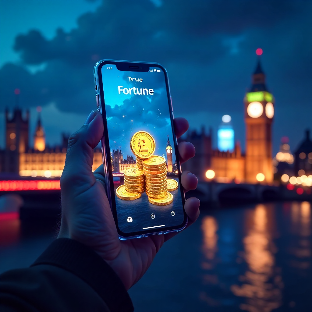 Futuristic hand holding a transparent glass smartphone displaying the True Fortune UK app, background is the London skyline with the Shard and Big Ben at night with glowing royal blue laser beams, 3D holographic gold British Pound (£) coins and sparkling 